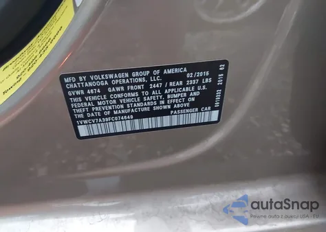 2015 Volkswagen Passat 2.0L Tdi Sel Premium from USA, damaged, VIN 1VWCV7A39FC074649